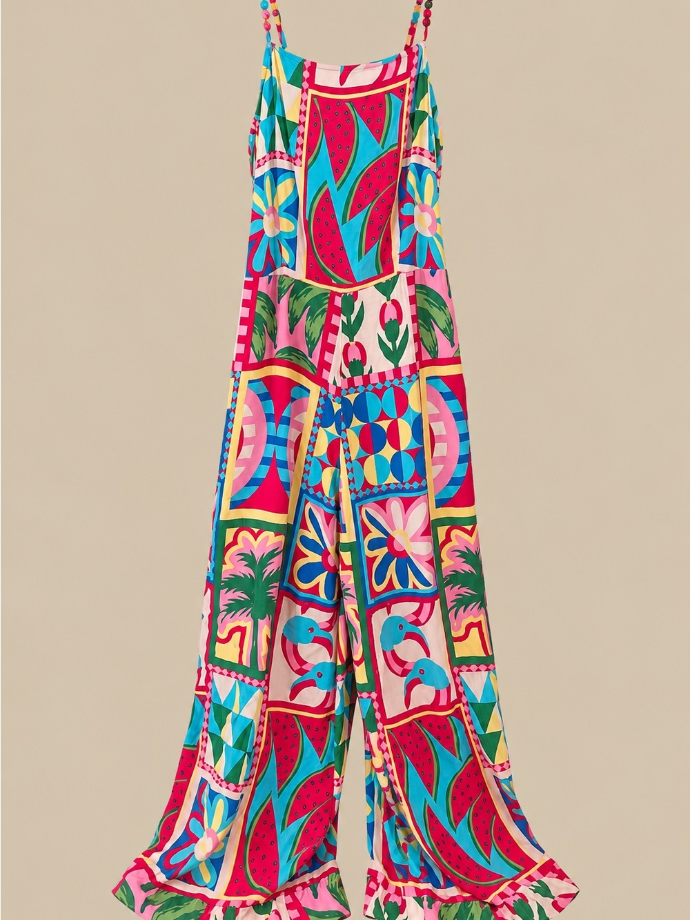 Sincerely Jules Multicolor Patchwork Wide-Leg Jumpsuit in Pink, Teal & Yellow